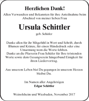 Traueranzeige von Ursula Schittler von Trauerportal Rhein Main Presse