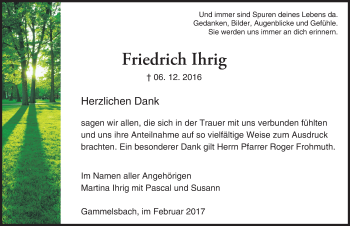 Traueranzeige von Friedrich Ihrig von Trauerportal Echo Online