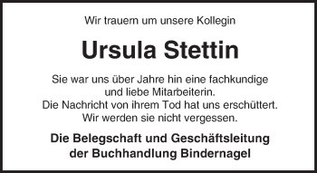 Traueranzeige von Ursula Stettin von  Kreisanzeiger