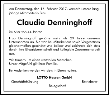 Traueranzeige von Claudia Denninghoff von Trauerportal Rhein Main Presse