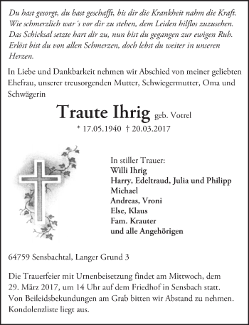 Traueranzeige von Traute Ihrig von Trauerportal Echo Online