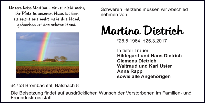  Traueranzeige für Martina Dietrich vom 29.03.2017 aus Trauerportal Echo Online