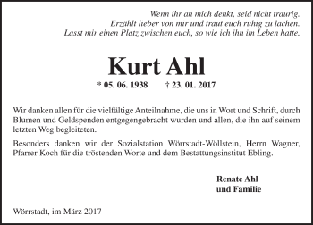 Traueranzeige von Kurt Ahl von Trauerportal Rhein Main Presse