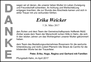 Traueranzeige von Erika Weicker von Trauerportal Echo Online