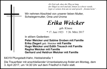 Traueranzeige von Erika Weicker von Trauerportal Echo Online