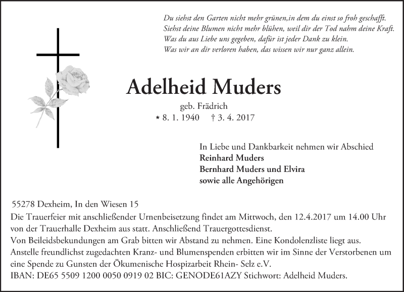  Traueranzeige für Adelheid Muders vom 07.04.2017 aus Trauerportal Rhein Main Presse