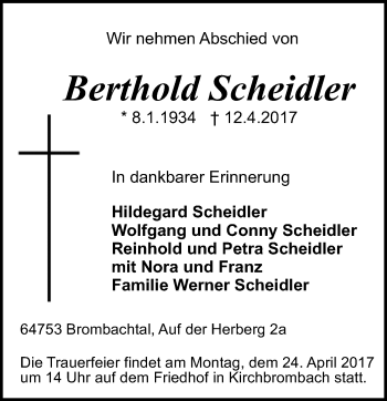 Traueranzeige von Berthold Scheidler von Trauerportal Echo Online