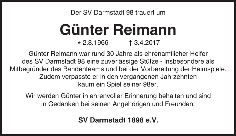  Traueranzeige für Günter Reimann vom 12.04.2017 aus Trauerportal Echo Online