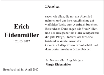 Traueranzeige von Erich Eidenmüller von Trauerportal Echo Online