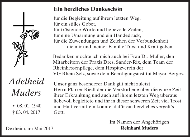  Traueranzeige für Adelheid Muders vom 03.05.2017 aus Trauerportal Rhein Main Presse