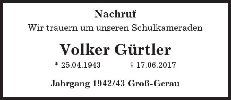  Traueranzeige für Volker Gürtler vom 28.06.2017 aus Trauerportal Echo Online