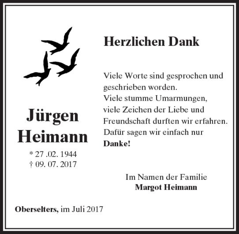  Traueranzeige für Jürgen Heimann vom 27.07.2017 aus  Camberger Anzeiger