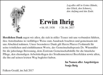 Traueranzeige von Erwin Ihrig von Trauerportal Echo Online