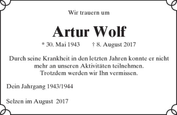 Traueranzeige von Artur Wolf von Trauerportal Rhein Main Presse