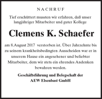 Traueranzeige von Clemens K. Schaefer von Trauerportal Rhein Main Presse