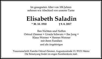 Traueranzeige von Elisabeth Saladin von Trauerportal Rhein Main Presse