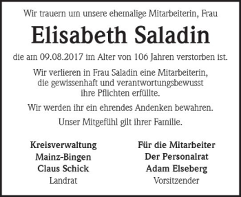 Traueranzeige von Elisabeth Saladin von Trauerportal Rhein Main Presse