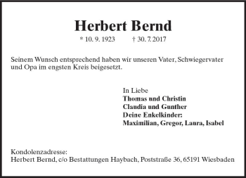Traueranzeige von Herbert Bernd von Trauerportal Rhein Main Presse