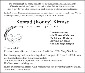 Traueranzeige von Konrad Kirmse von Trauerportal Rhein Main Presse