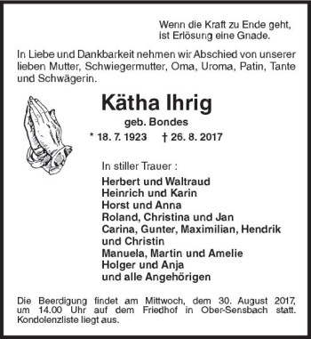 Traueranzeige von Kätha Ihrig von Trauerportal Echo Online