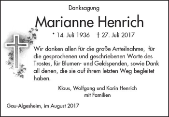 Traueranzeige von Marianne Henrich von Trauerportal Rhein Main Presse