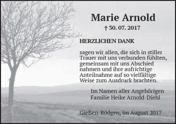 Traueranzeige von Marie Arnold von  Gießener Anzeiger