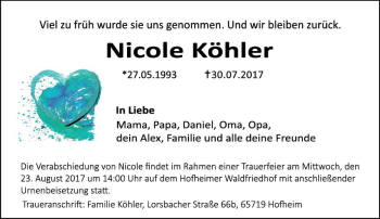 Traueranzeige von Nicole Köhler von Trauerportal Rhein Main Presse