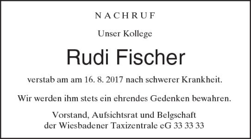  Traueranzeige für Rudi Fischer vom 19.08.2017 aus Trauerportal Rhein Main Presse