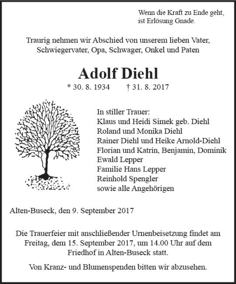 Traueranzeigen von Adolf Diehl | www.vrm-trauer.de