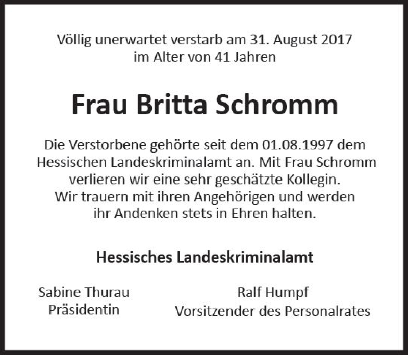  Traueranzeige für Britta Schromm vom 12.09.2017 aus Trauerportal Rhein Main Presse