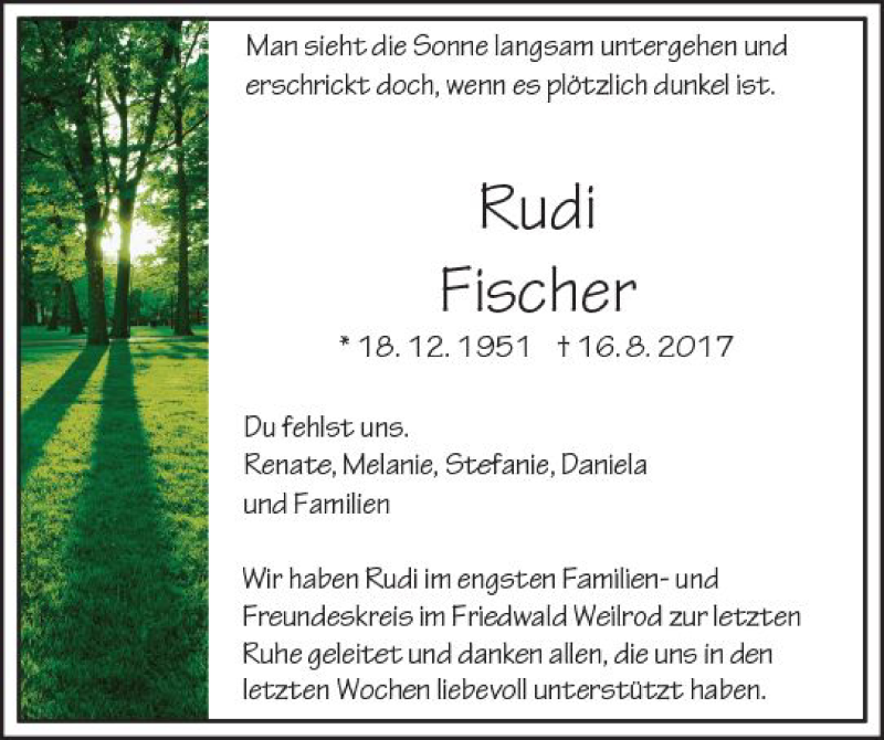  Traueranzeige für Rudi Fischer vom 21.09.2017 aus  Camberger Anzeiger