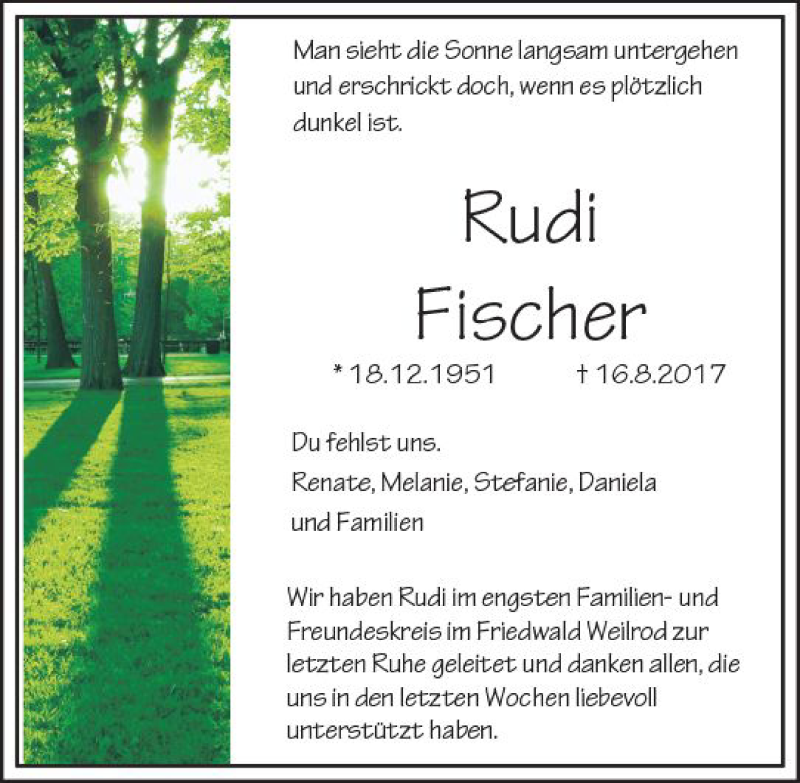  Traueranzeige für Rudi Fischer vom 16.09.2017 aus Trauerportal Rhein Main Presse