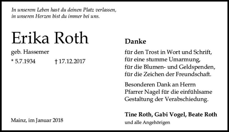 Traueranzeigen von Erika Roth www.vrmtrauer.de