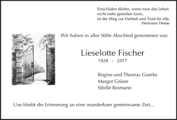 Traueranzeige von Lieselotte Fischer von Trauerportal Rhein Main Presse