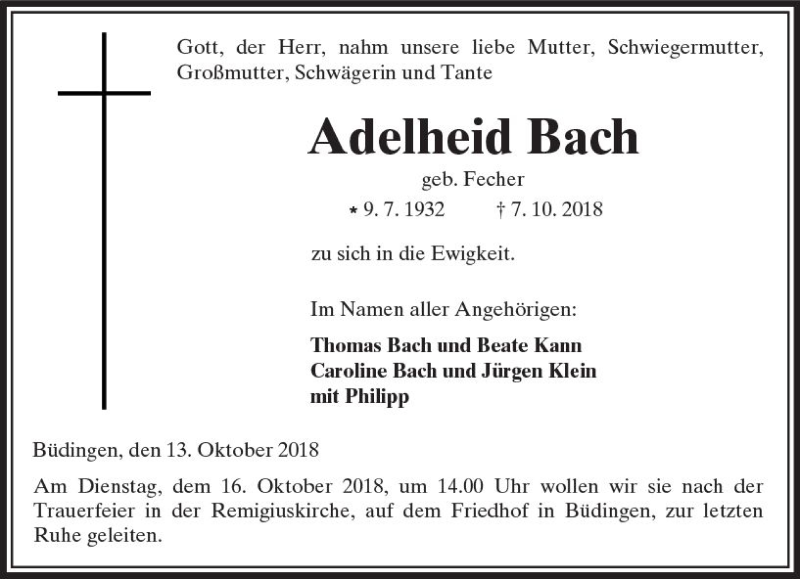 Traueranzeigen Von Adelheid Bach Vrm Trauer De