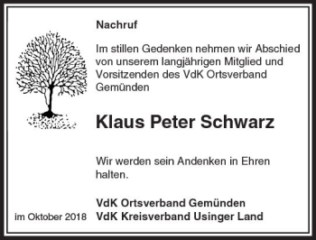 Traueranzeige von Klaus Peter Schwarz von  Usinger Anzeiger