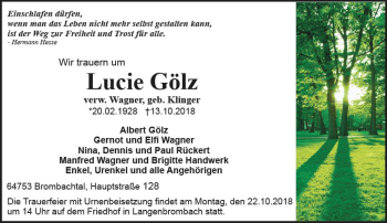 Traueranzeige von Lucie Gölz von vrm-trauer