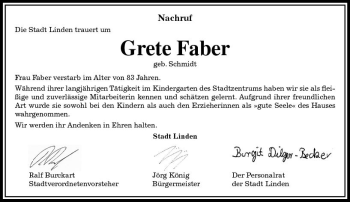 Traueranzeige von Grete Faber von  Gießener Anzeiger