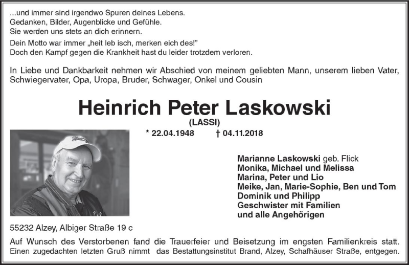 Traueranzeigen Von Heinrich Peter Laskowski Www Vrm Trauer De