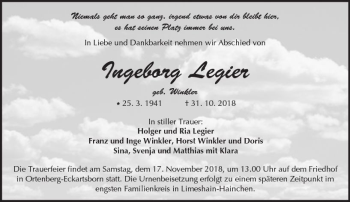 Traueranzeige von Ingeborg Legier von  Kreisanzeiger