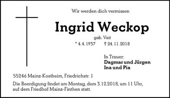 Traueranzeige von Ingrid Weckop von vrm-trauer