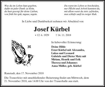 Traueranzeige von Josef Kürbel von  Kreisanzeiger