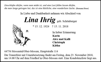 Traueranzeige von Lina Ihrig von vrm-trauer