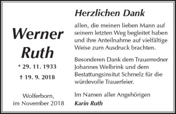 Traueranzeige von Werner Ruth von  Kreisanzeiger