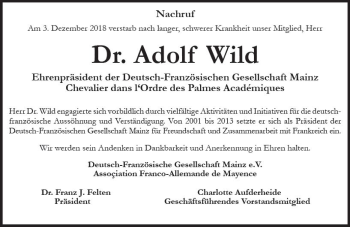 Traueranzeige von Adolf Wild von vrm-trauer