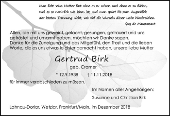 Traueranzeige von Gertrud Birk von  WNZ - Wetzlarer Neue Zeitung ()