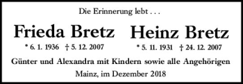 Traueranzeige von Heinz Bretz von vrm-trauer