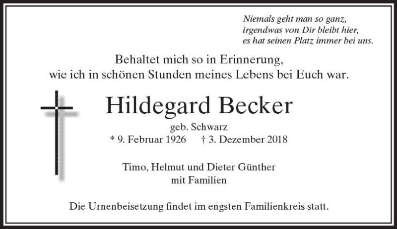 Traueranzeigen Von Hildegard Becker | Www.vrm-trauer.de