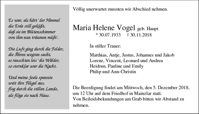 Traueranzeigen Von Maria Helene Vogel | Www.vrm-trauer.de