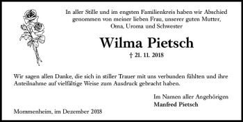 Traueranzeige von Wilma Pietsch von vrm-trauer